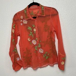 Johnny Was Orange Buttondown Blouse Embroidered small